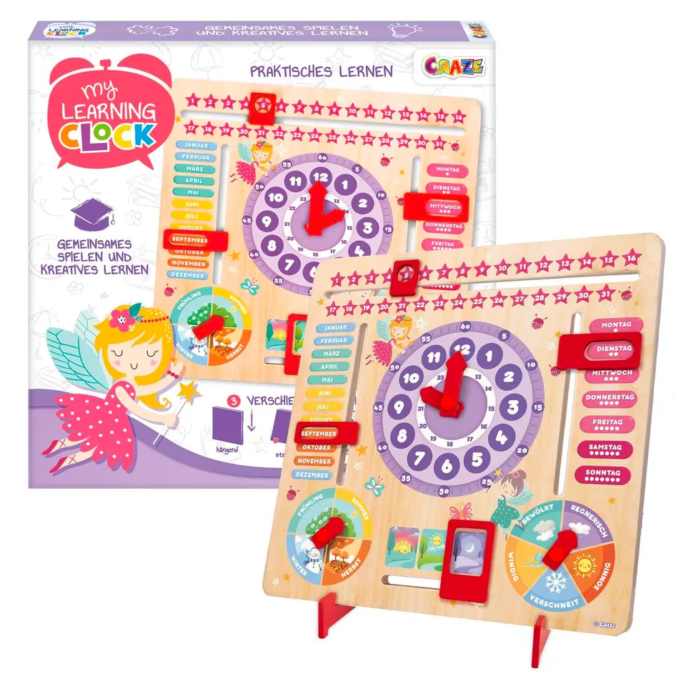 craze-my-learning-clock-princess-lernuhr-holz-deutsch-lila image 1