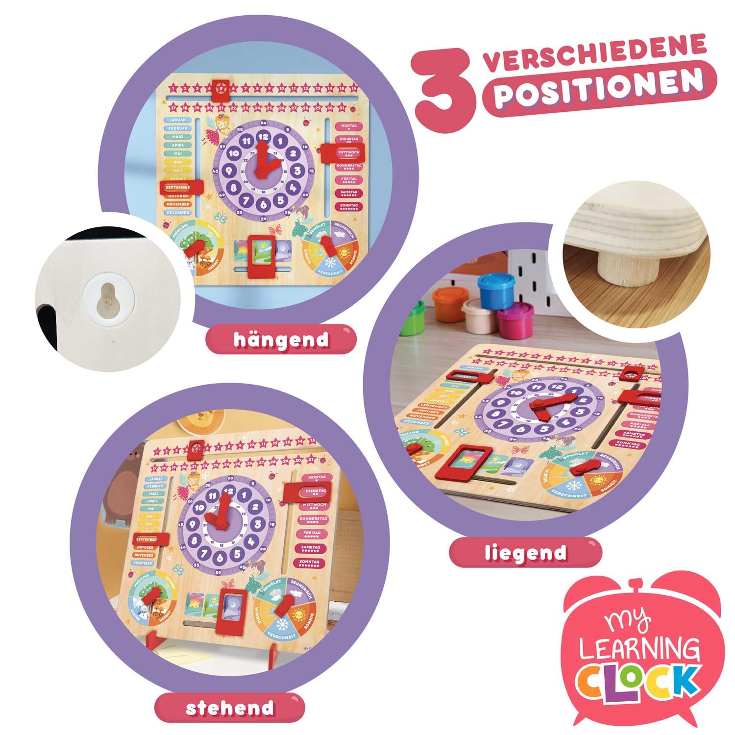 craze-my-learning-clock-princess-lernuhr-holz-deutsch-lila image 3
