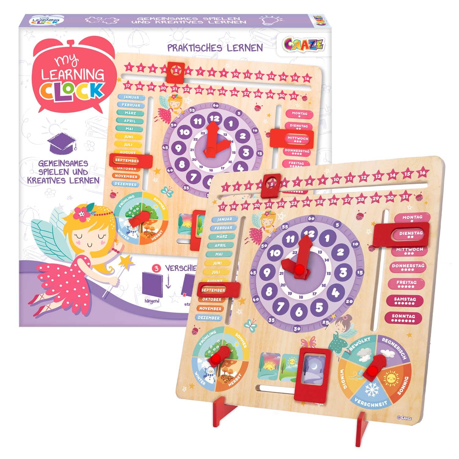 craze-my-learning-clock-princess-lernuhr-holz-deutsch-lila image 1