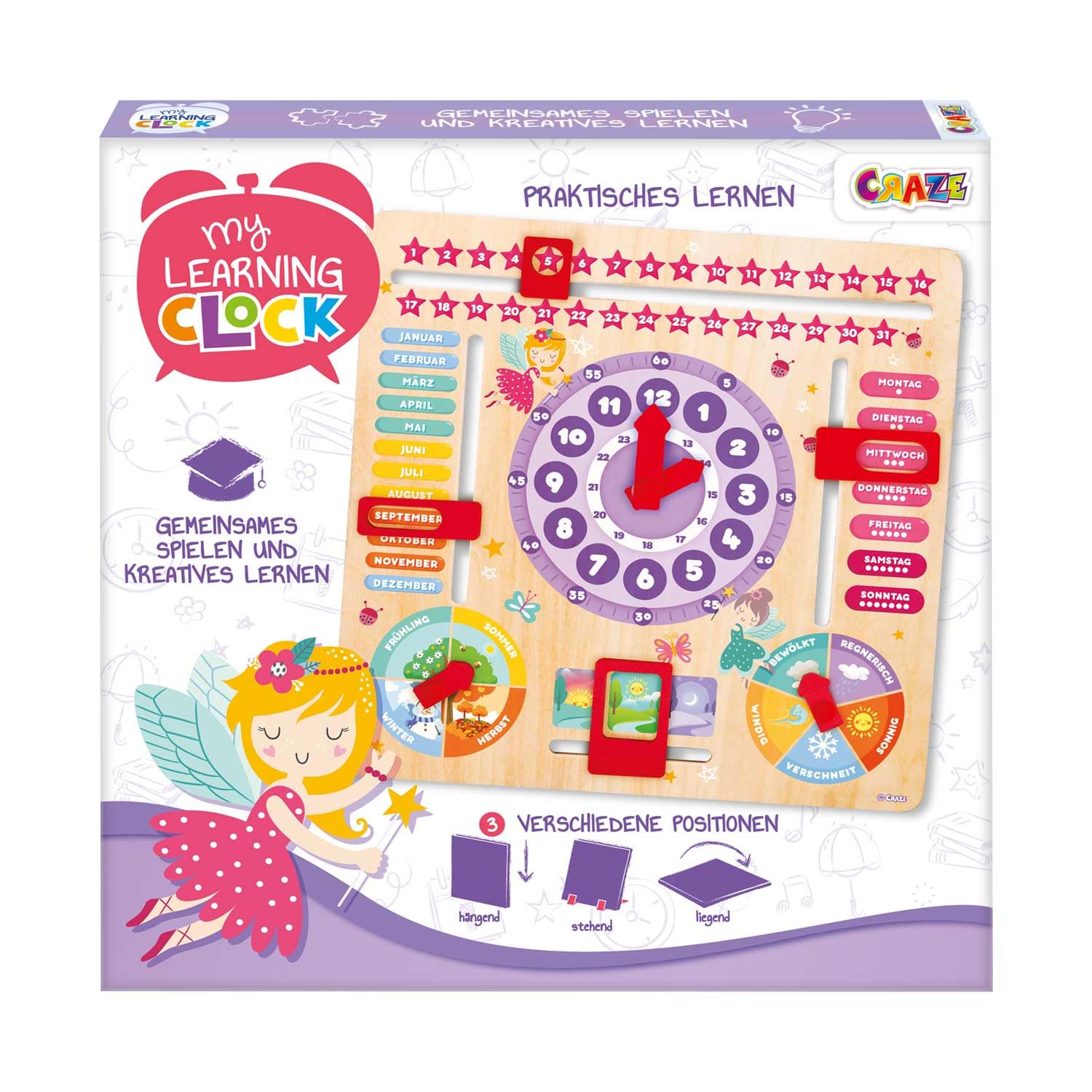 craze-my-learning-clock-princess-lernuhr-holz-deutsch-lila image 6