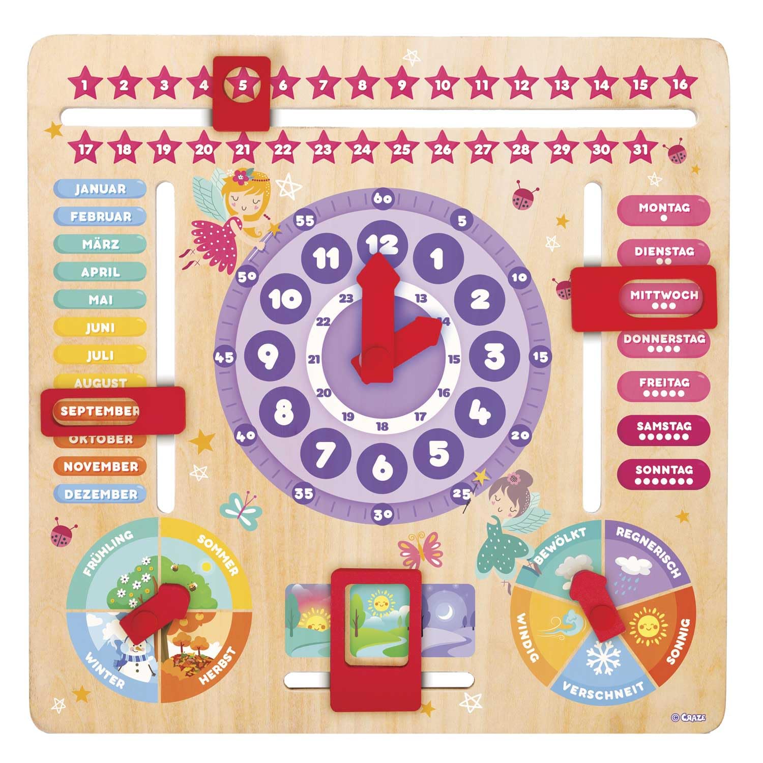 craze-my-learning-clock-princess-lernuhr-holz-deutsch-lila image 2